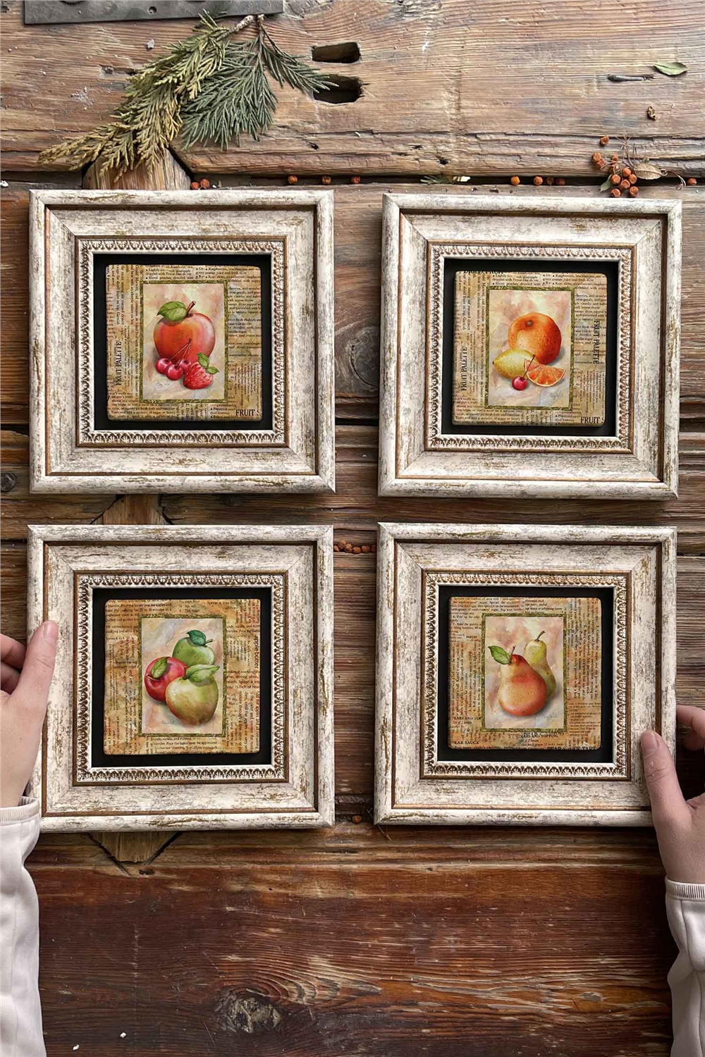 Oscar Stone Decor Çerçeveli Taş Tablo Duvar Dekoru 20x20cm 4'lü Set Meyveler