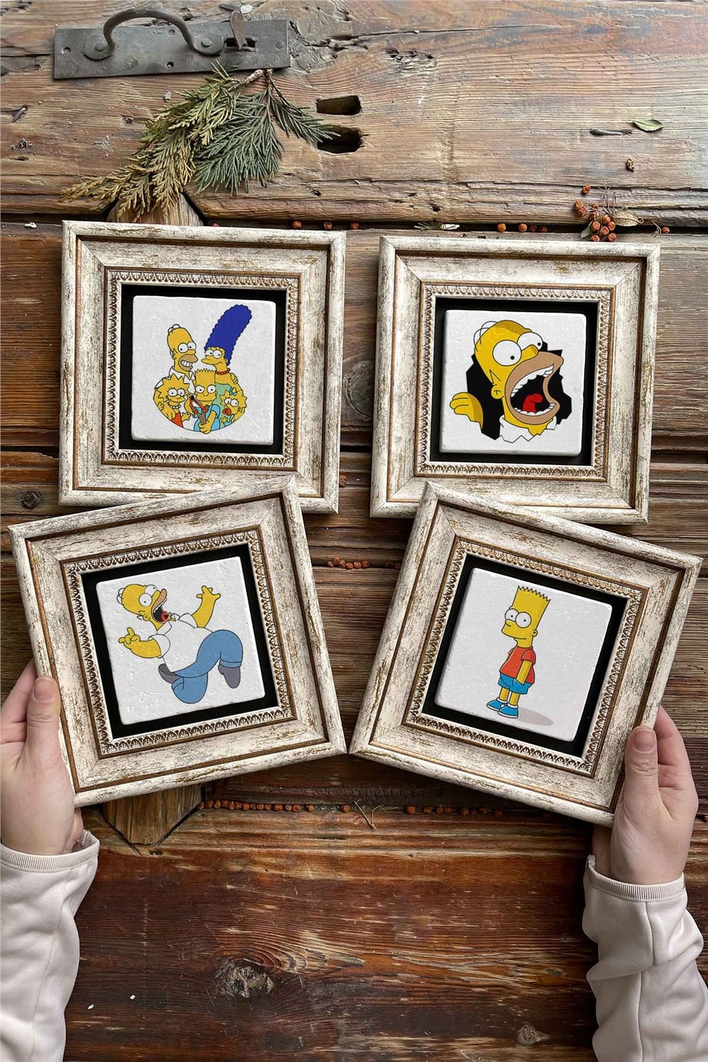 Oscar Stone Decor Çerçeveli Taş Tablo Duvar Dekoru 20x20cm 4'lü Set Simpson Set
