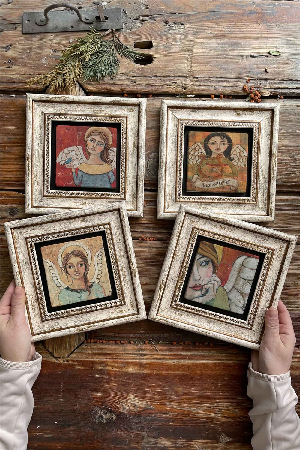 Oscar Stone Decor Çerçeveli Taş Tablo Duvar Dekoru 20x20cm 4'lü Set Angels Melekler Seti
