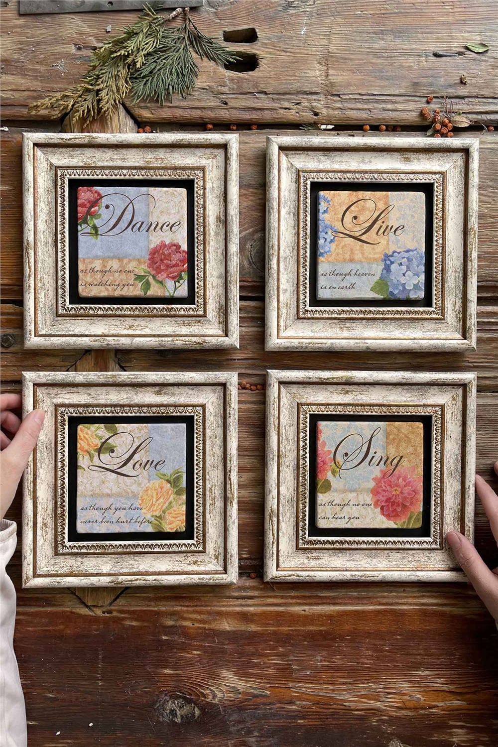 Oscar Stone Decor Çerçeveli Taş Tablo Duvar Dekoru 20x20cm 4'lü Set Dance Sing Love Live