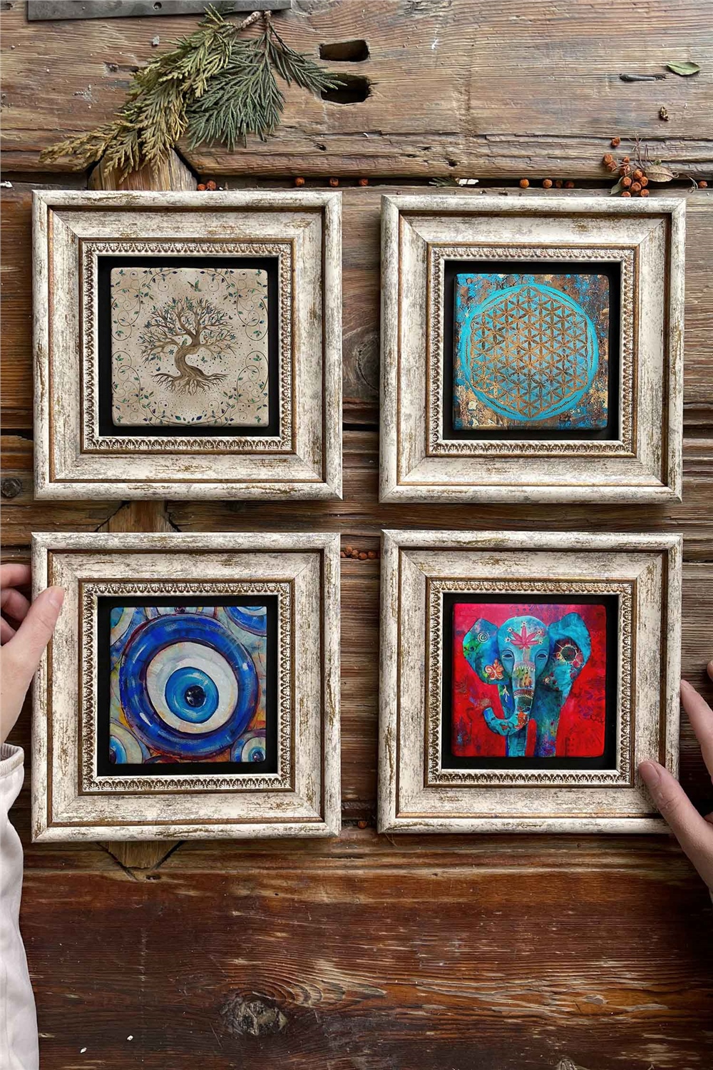 Oscar Stone Decor Çerçeveli Taş Tablo Duvar Dekoru 20x20cm 4'lü Set Fil Nazar Hayat Ağacı