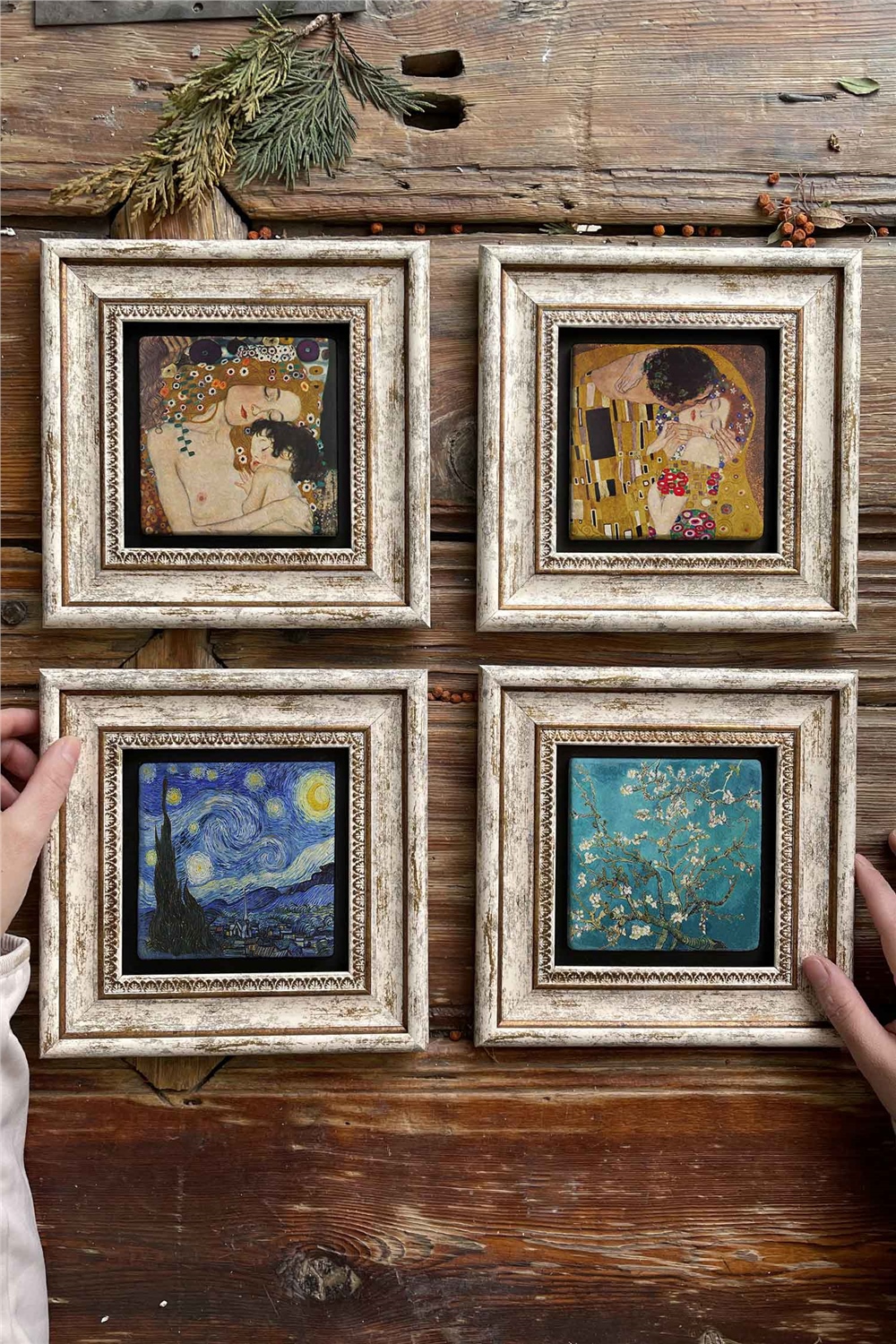 Oscar Stone Decor Çerçeveli Taş Tablo Duvar Dekoru 20x20cm 4'lü Set Gustav Klimt Van Gogh Tabloları