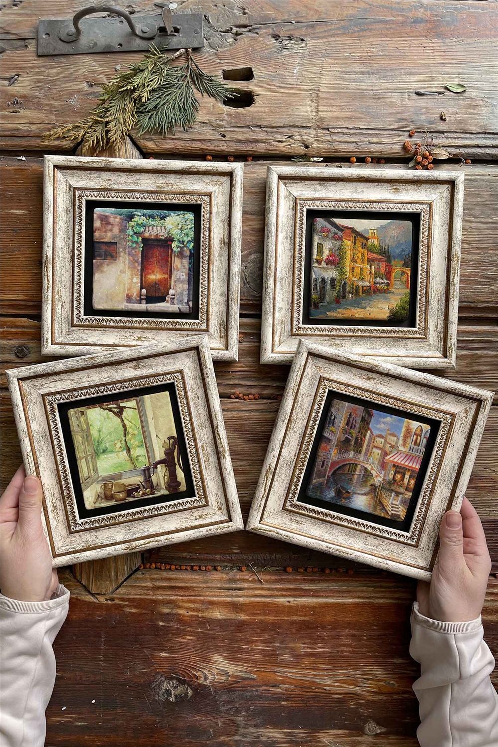 Oscar Stone Decor Çerçeveli Taş Tablo Duvar Dekoru 20x20cm 4'lü Set