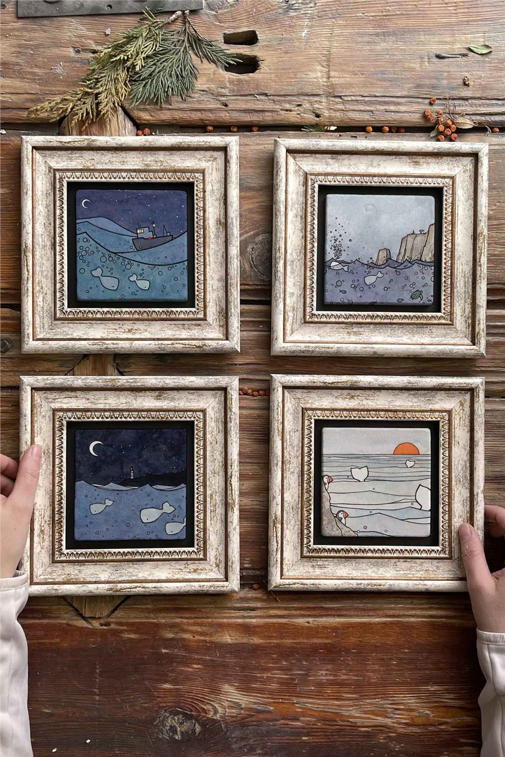 Oscar Stone Decor Çerçeveli Taş Tablo Duvar Dekoru 20x20cm 4'lü Set Deniz Seti