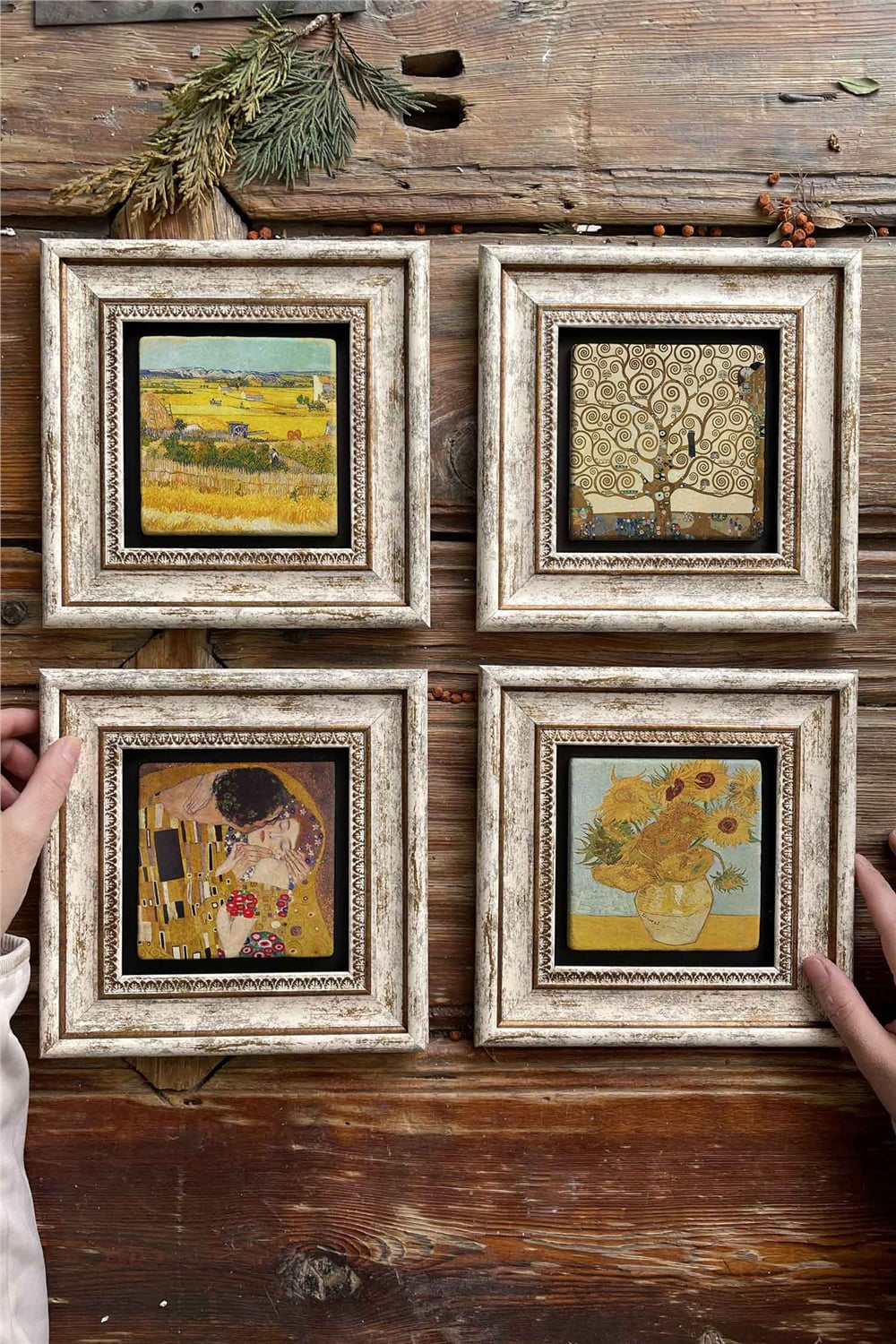 Oscar Stone Decor Çerçeveli Taş Tablo Duvar Dekoru 20x20cm 4'lü Set Gustav Klimt Tabloları