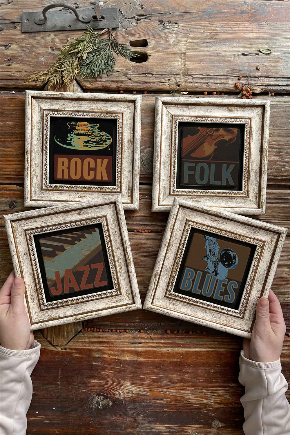 Oscar Stone Decor Çerçeveli Taş Tablo Duvar Dekoru 20x20cm 4'lü Set Jazz Rock Folk Blues