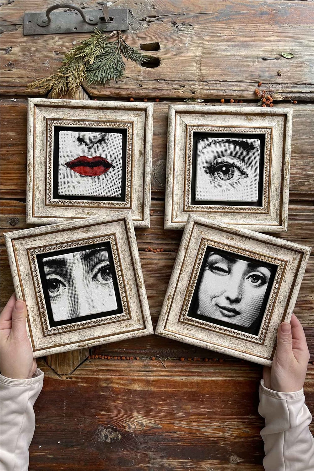Oscar Stone Decor Çerçeveli Taş Tablo Duvar Dekoru 20x20cm 4'lü Set Fornasetti Set