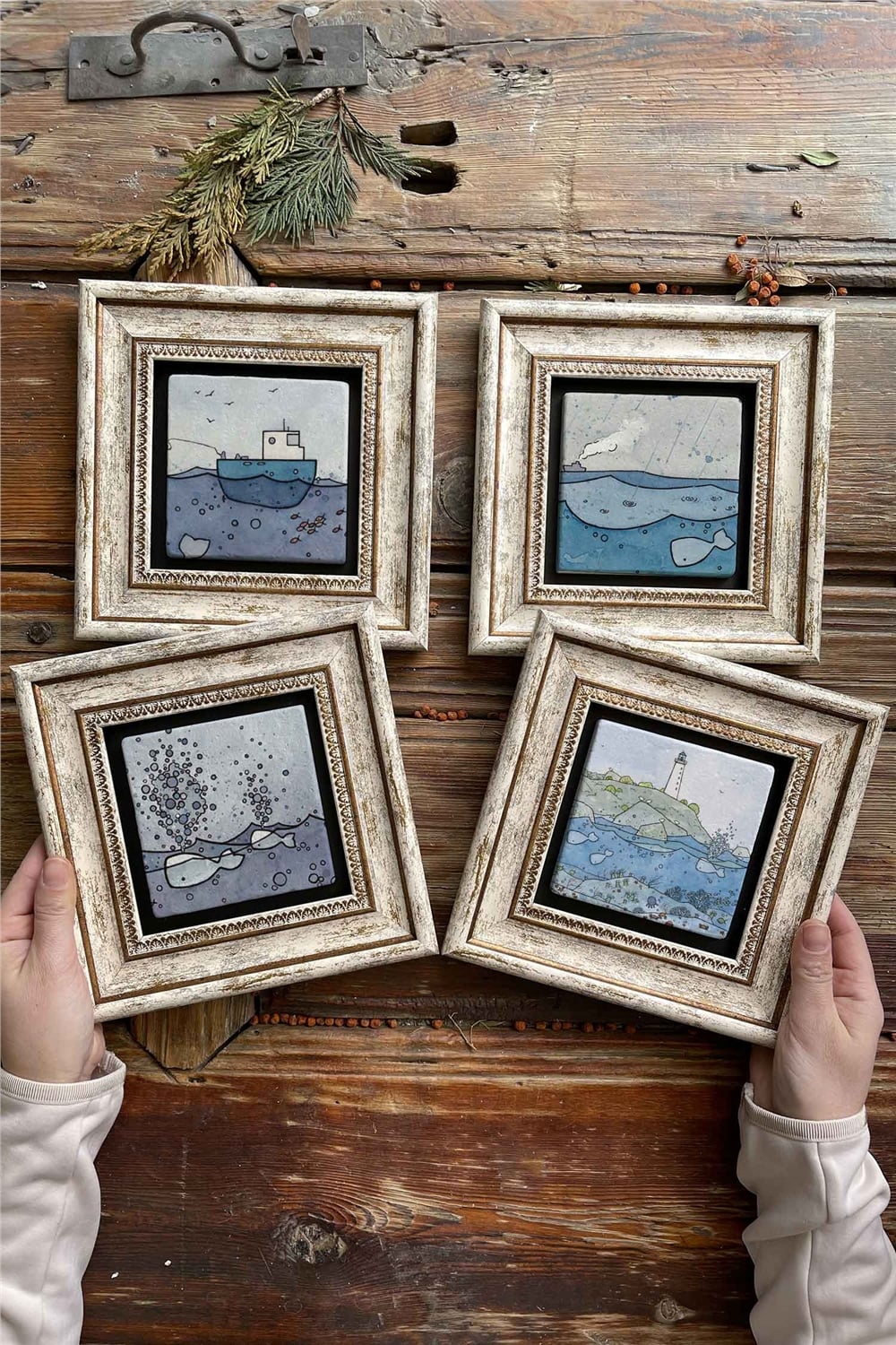 Oscar Stone Decor Çerçeveli Taş Tablo Duvar Dekoru 20x20cm 4'lü Set Deniz Seti