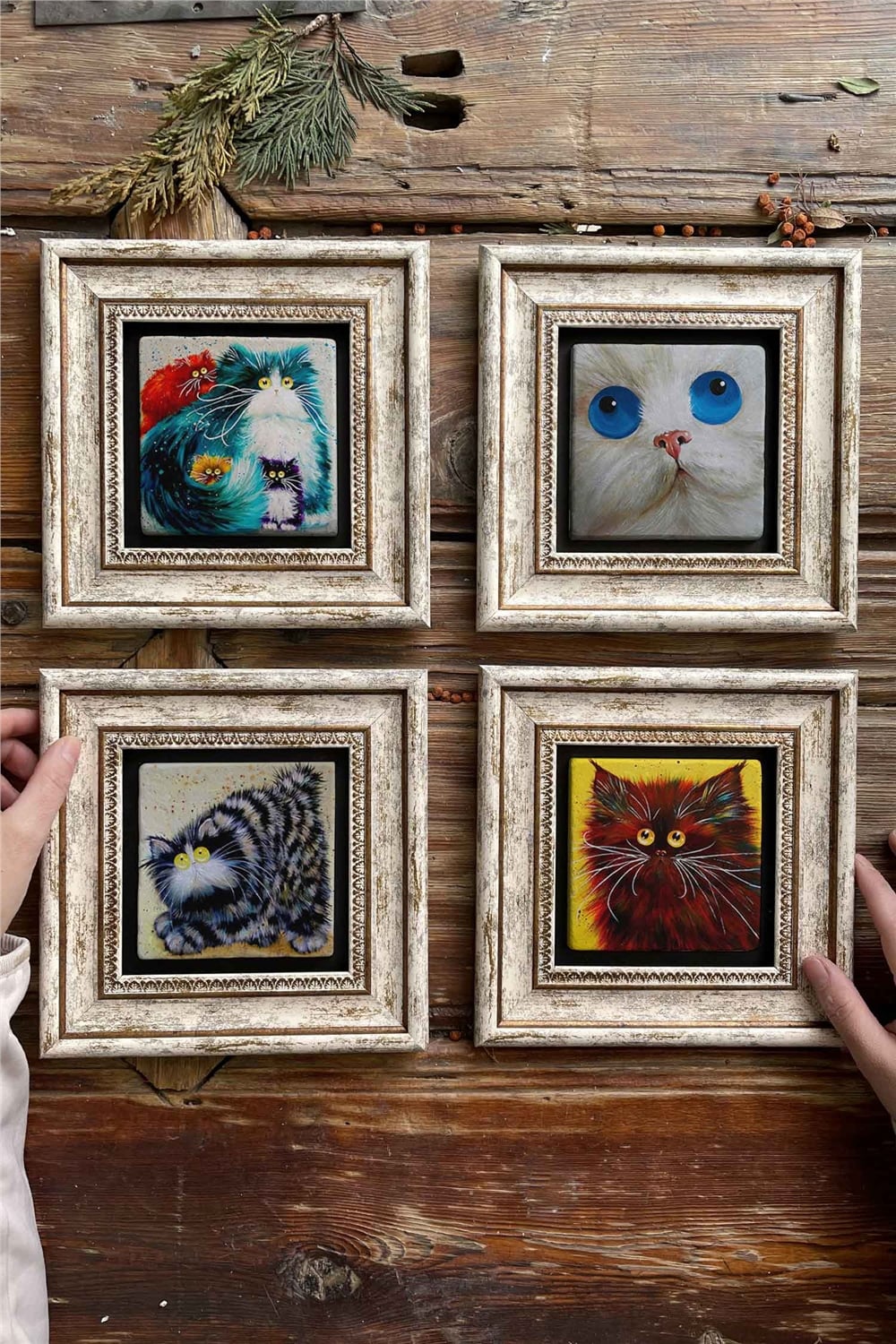 Oscar Stone Decor Çerçeveli Taş Tablo Duvar Dekoru 20x20cm 4'lü Set Kedi Seti