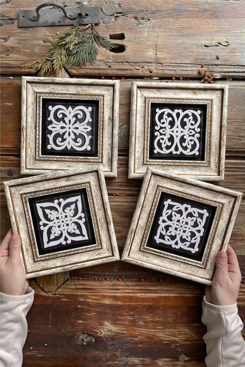 Oscar Stone Decor Çerçeveli Taş Tablo Duvar Dekoru 20x20cm 4'lü Set