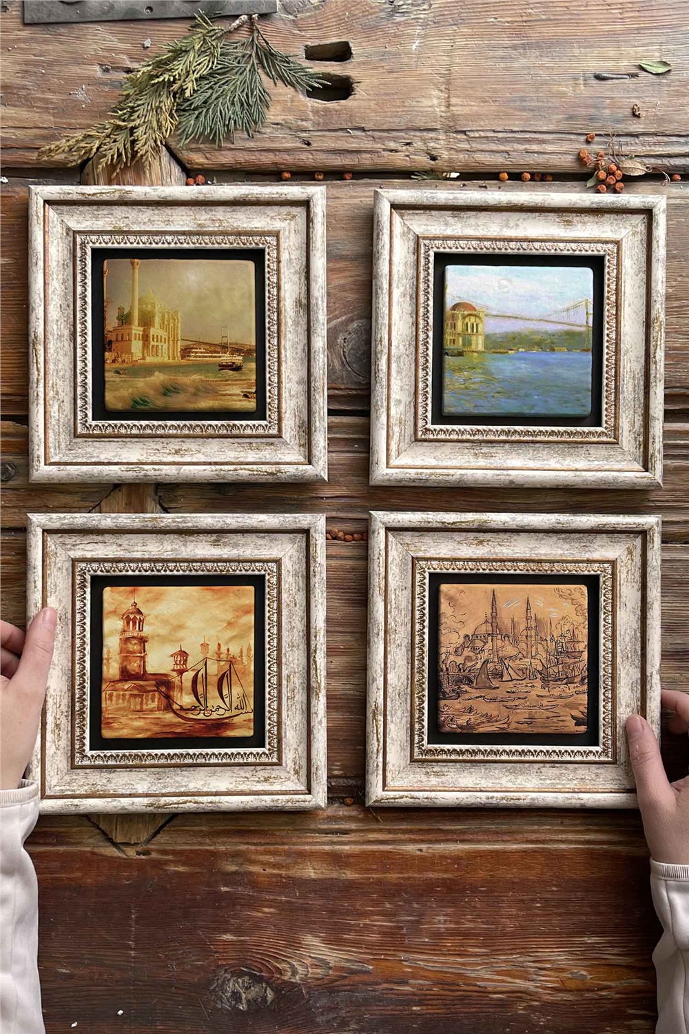 Oscar Stone Decor Çerçeveli Taş Tablo Duvar Dekoru 20x20cm 4'lü Set Eski İstanbul Tabloları Manzara