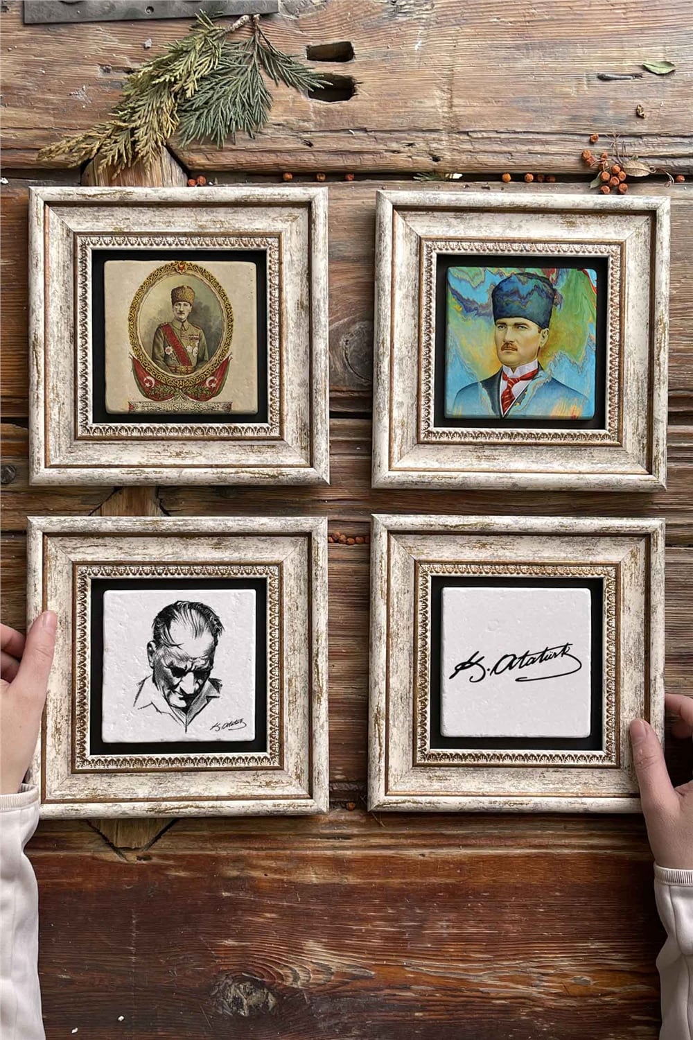 Oscar Stone Decor Çerçeveli Taş Tablo Duvar Dekoru 20x20cm 4'lü Set Atatürk Tabloları Seti