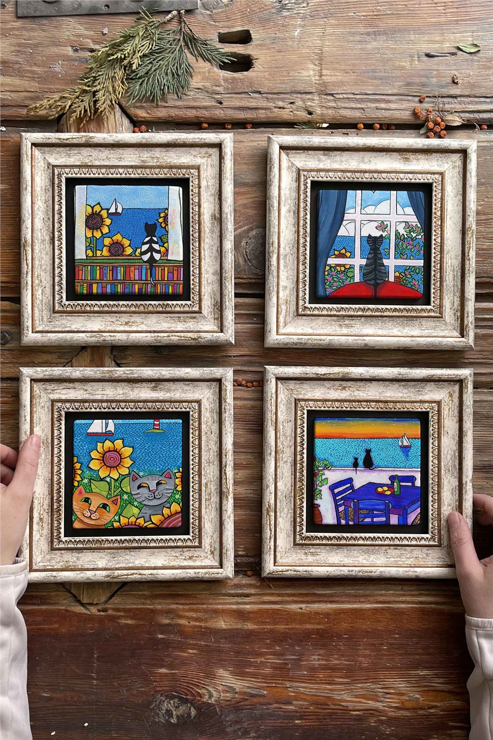 Oscar Stone Decor Çerçeveli Taş Tablo Duvar Dekoru 20x20cm 4'lü Set Kediler Seti Cats Set