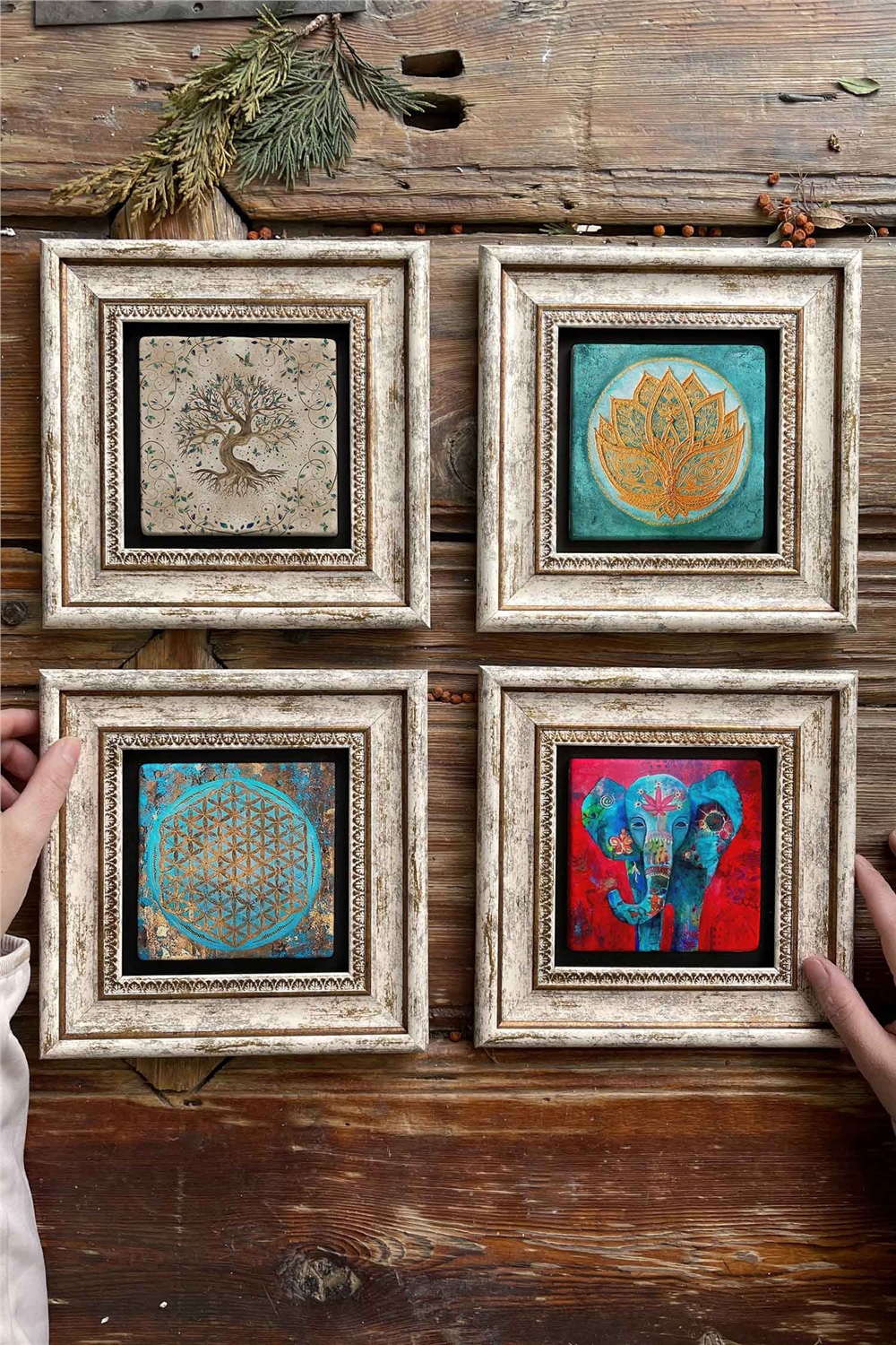 Oscar Stone Decor Çerçeveli Taş Tablo Duvar Dekoru 20x20cm 4'lü Set Hayat Ağacı Lotus Çiçeği Fil