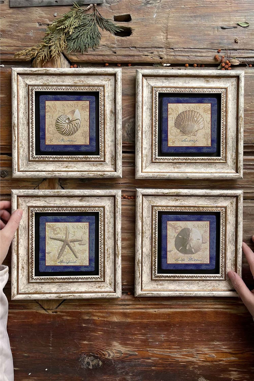 Oscar Stone Decor Çerçeveli Taş Tablo Duvar Dekoru 20x20cm 4'lü Set Deniz Kabuğu Seti Shell