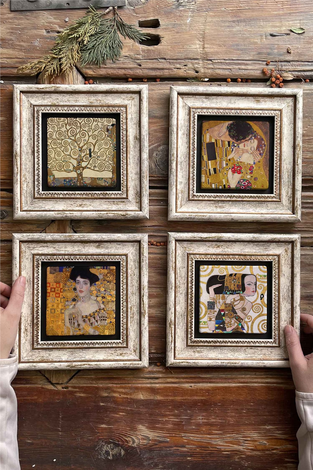 Oscar Stone Decor Çerçeveli Taş Tablo Duvar Dekoru 20x20cm 4'lü Set Gustav Klimt Son Öpücük