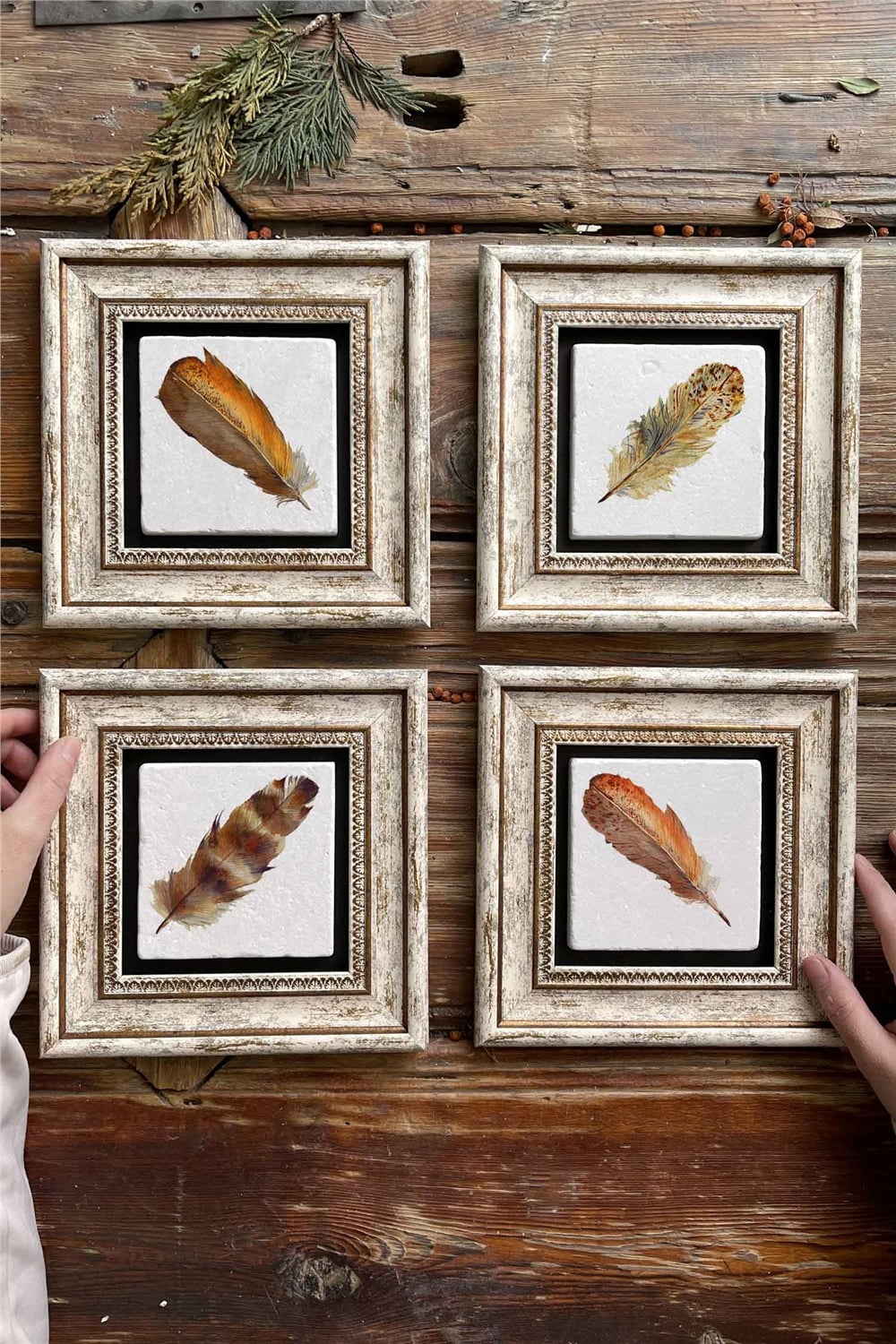 Oscar Stone Decor Çerçeveli Taş Tablo Duvar Dekoru 20x20cm 4'lü Set Kuş Tüy Seti