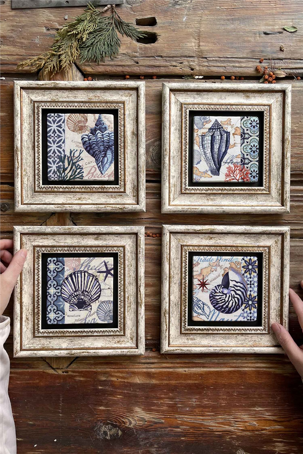 Oscar Stone Decor Çerçeveli Taş Tablo Duvar Dekoru 20x20cm 4'lü Set