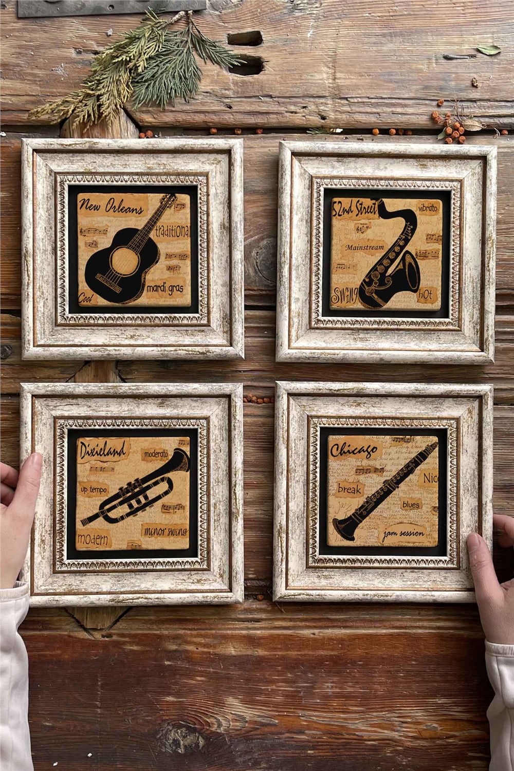 Oscar Stone Decor Çerçeveli Taş Tablo Duvar Dekoru 20x20cm 4'lü Set Jazz Set