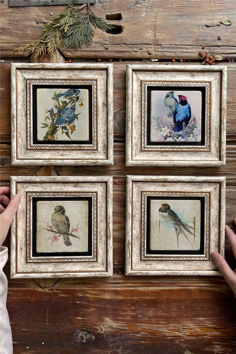 Oscar Stone Decor Çerçeveli Taş Tablo Duvar Dekoru 20x20cm 4'lü Set Kuş Seti