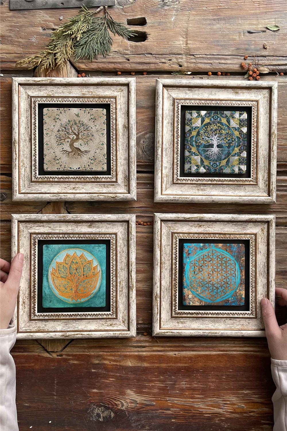 Oscar Stone Decor Çerçeveli Taş Tablo Duvar Dekoru 20x20cm 4'lü Set Hayat Ağacı Lotus Çiçeği