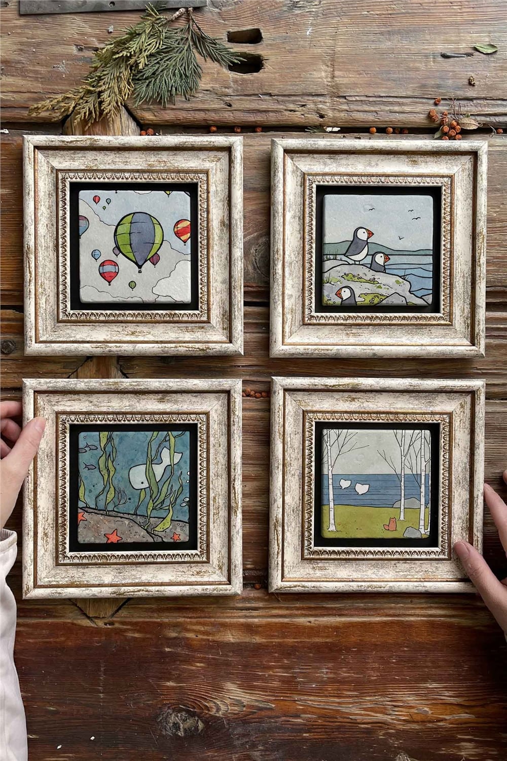 Oscar Stone Decor Çerçeveli Taş Tablo Duvar Dekoru 20x20cm 4'lü Set