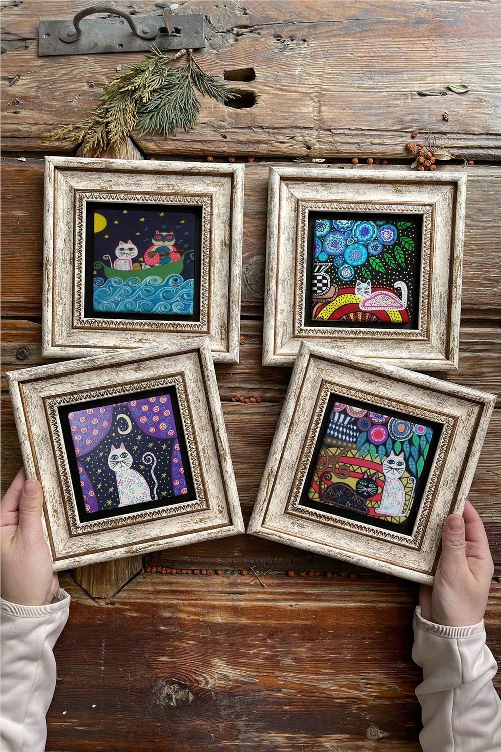 Oscar Stone Decor Çerçeveli Taş Tablo Duvar Dekoru 20x20cm 4'lü Set Kediler Seti Cats Set