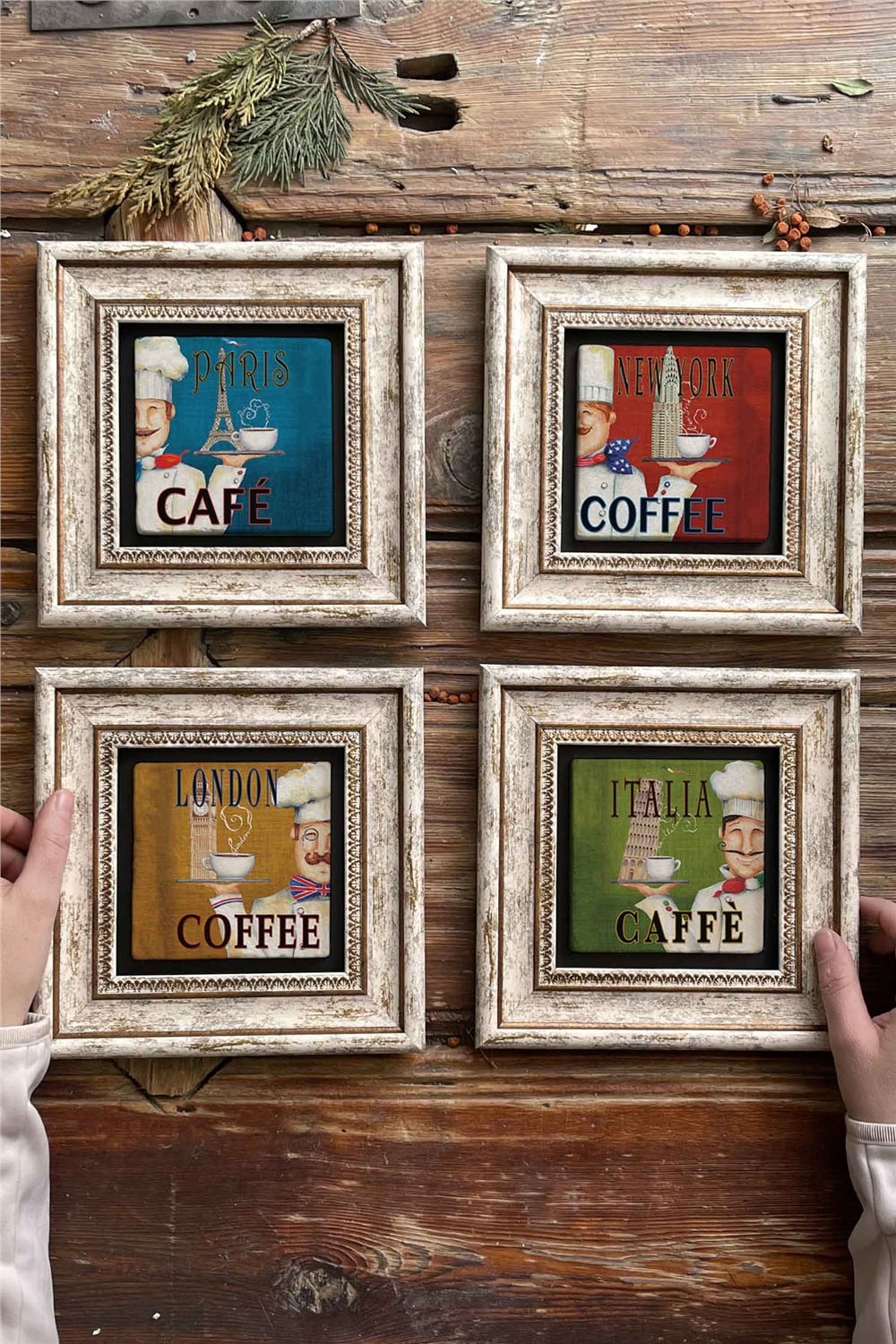 Oscar Stone Decor Çerçeveli Taş Tablo Duvar Dekoru 20x20cm 4'lü Set Paris New York London Italia
