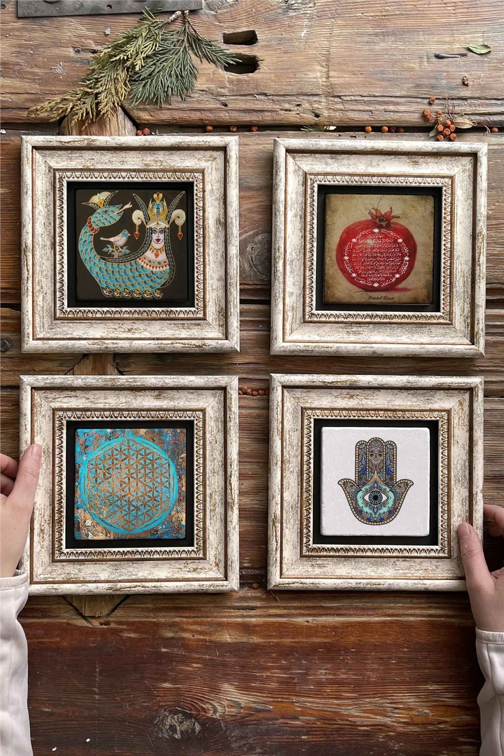Oscar Stone Decor Çerçeveli Taş Tablo 20x20cm 4'lü Set(1213-1104-1090-114)Şahmeran Nar Fatma Ana