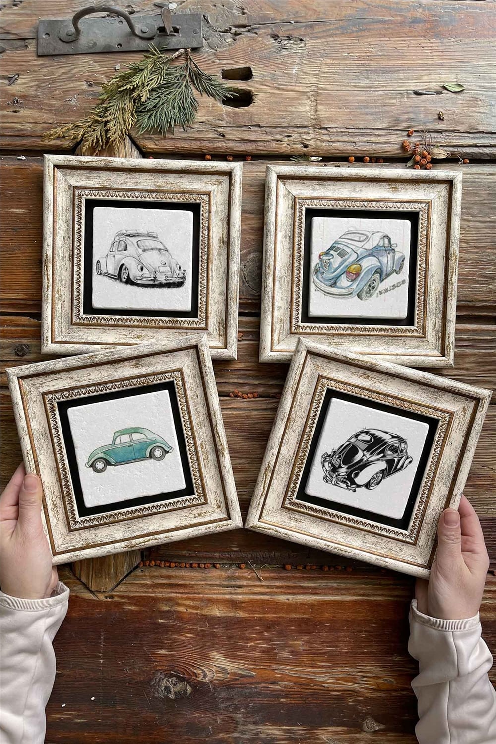 Oscar Stone Decor Çerçeveli Taş Tablo Duvar Dekoru 20x20cm 4'lü Set Vosvos Seti