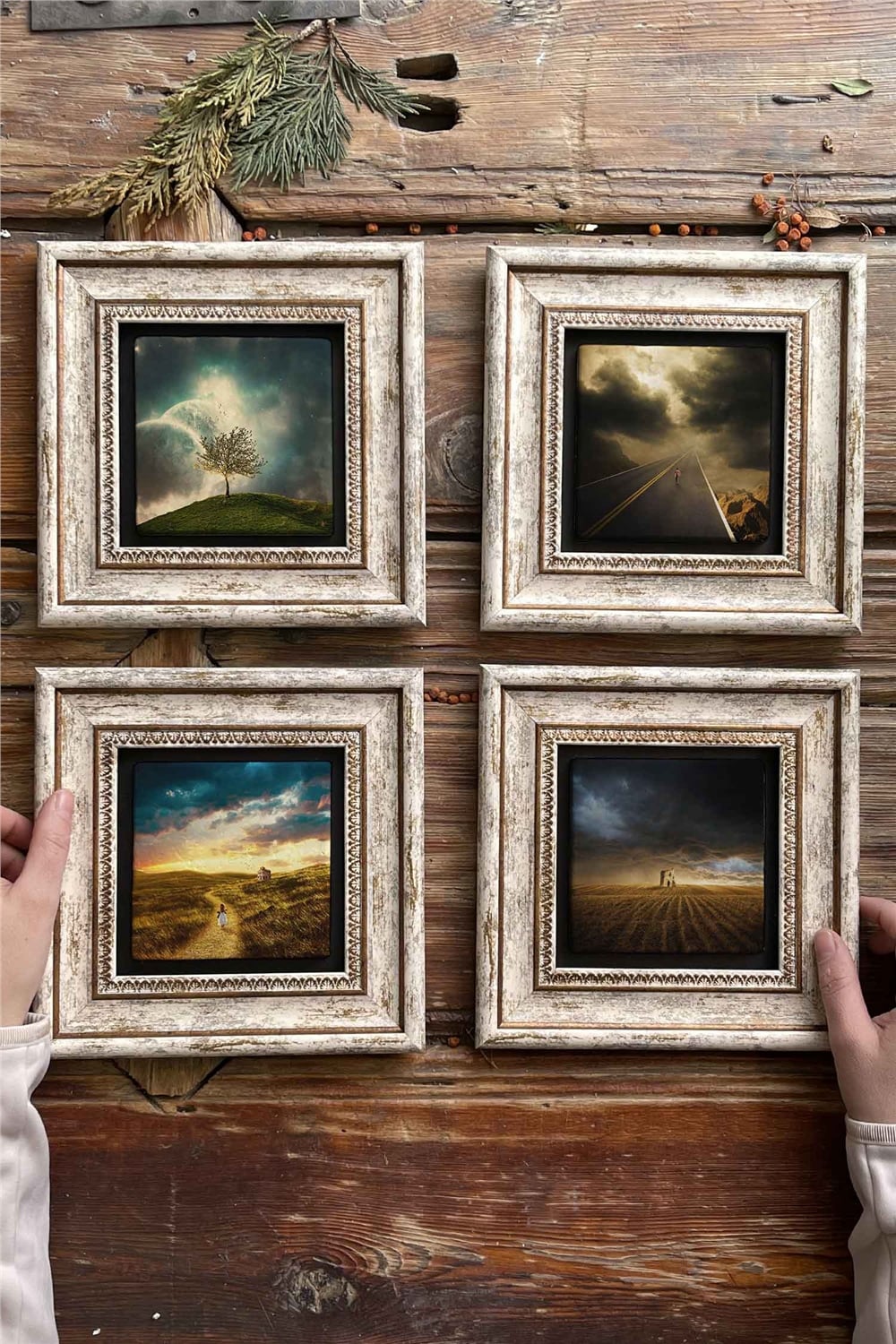 Oscar Stone Decor Çerçeveli Taş Tablo Duvar Dekoru 20x20cm 4'lü Set