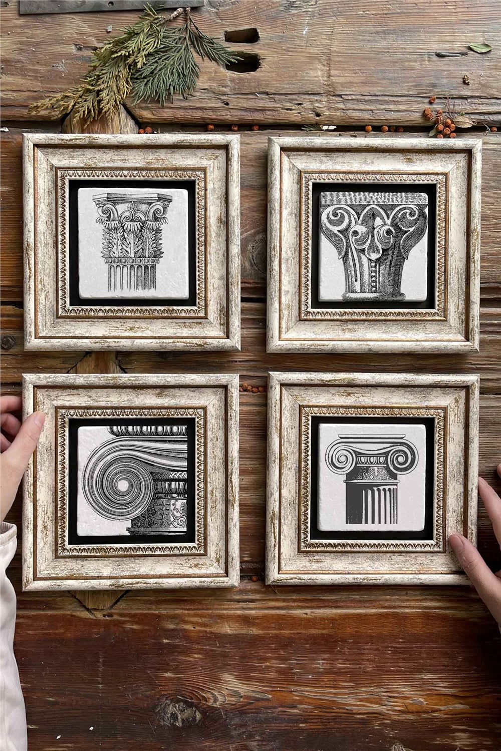 Oscar Stone Decor Çerçeveli Taş Tablo Duvar Dekoru 20x20cm 4'lü Set Roma Kolonları Seti