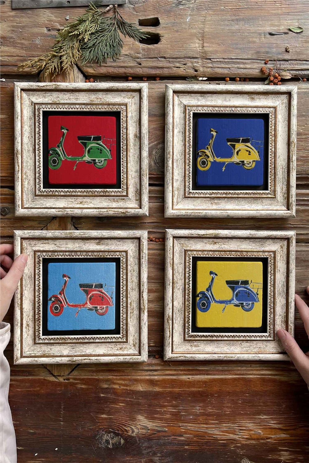 Oscar Stone Decor Çerçeveli Taş Tablo Duvar Dekoru 20x20cm 4'lü Set Vespa Set