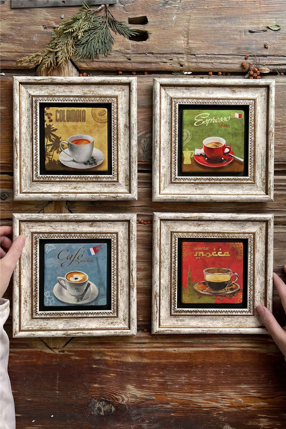 Oscar Stone Decor Çerçeveli Taş Tablo Duvar Dekoru 20x20cm 4'lü Set Colombia Cafe
