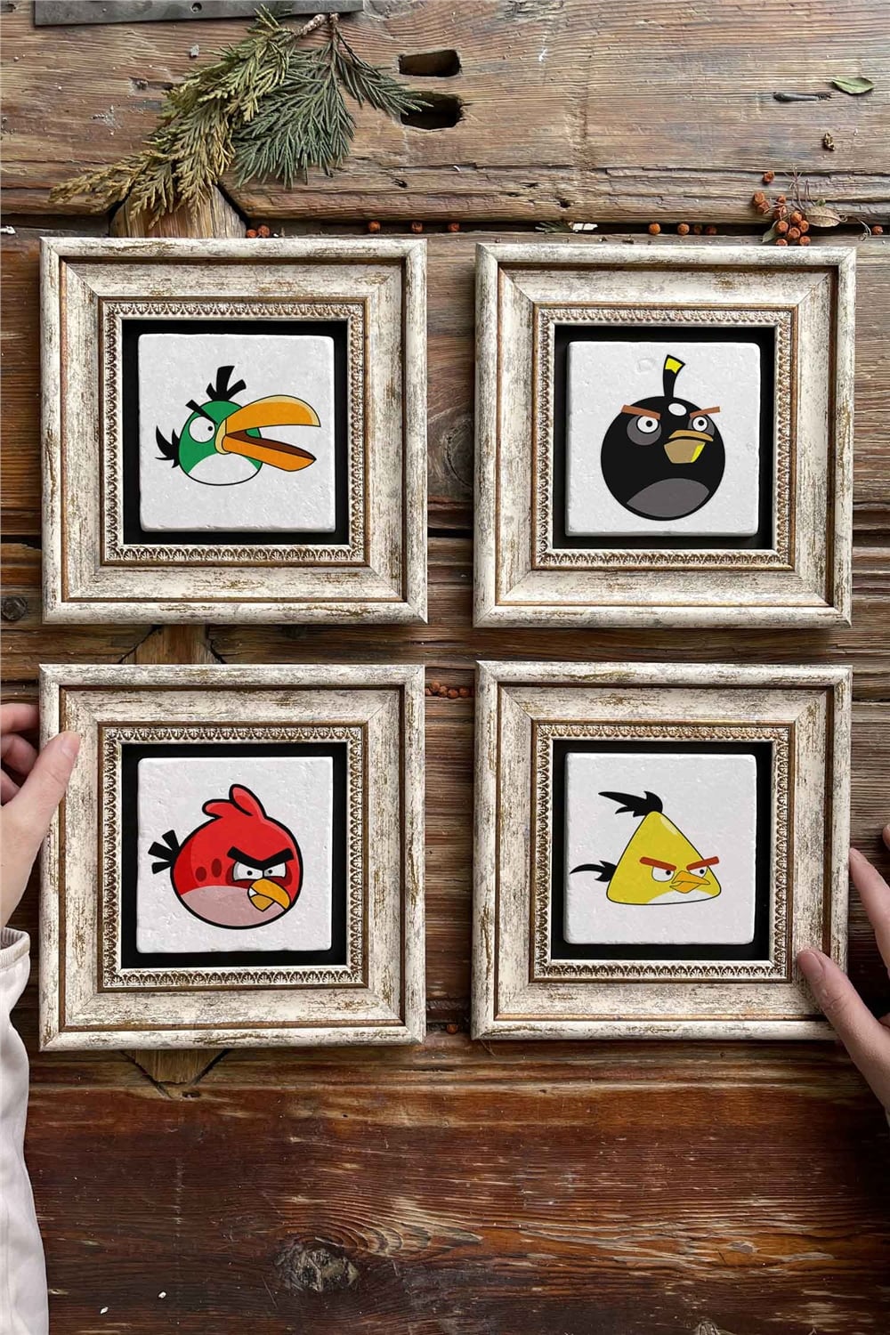 Oscar Stone Decor Çerçeveli Taş Tablo Duvar Dekoru 20x20cm 4'lü Set Angry Birds
