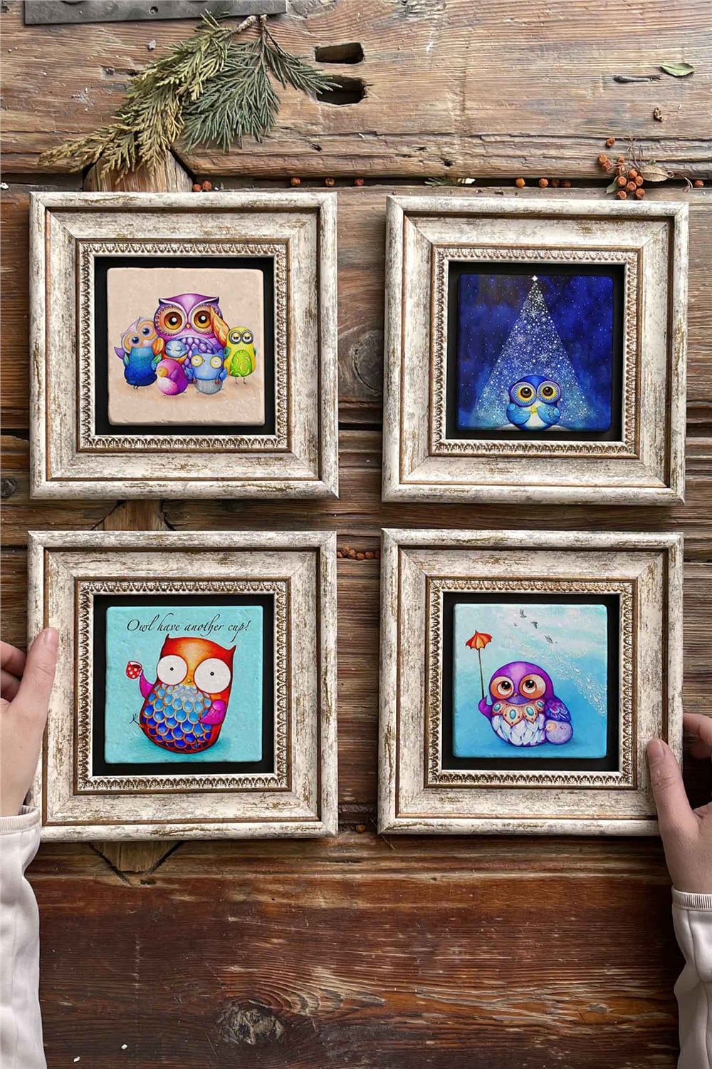 Oscar Stone Decor Çerçeveli Taş Tablo Duvar Dekoru 20x20cm 4'lü Set Baykuş Seti
