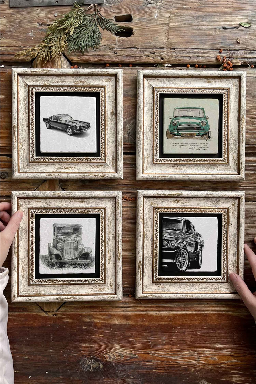 Oscar Stone Decor Çerçeveli Taş Tablo Duvar Dekoru 20x20cm 4'lü Set