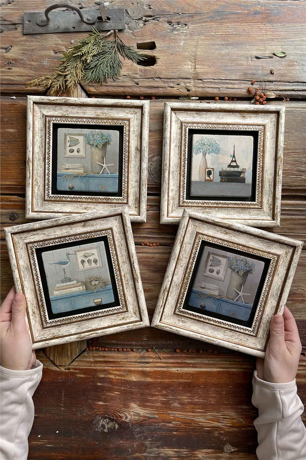 Oscar Stone Decor Çerçeveli Taş Tablo Duvar Dekoru 20x20cm 4'lü Set