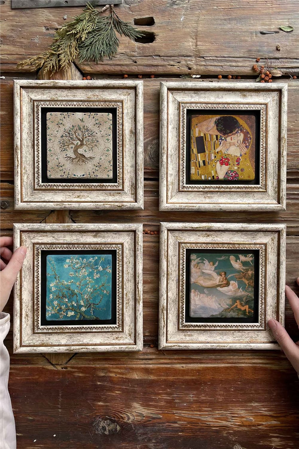 Oscar Stone Decor Çerçeveli Taş Tablo Duvar Dekoru 20x20cm 4'lü Set Gustav Klimt Tabloları Rönesans