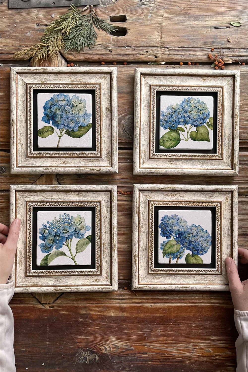 Oscar Stone Decor Çerçeveli Taş Tablo Duvar Dekoru 20x20cm 4'lü Set Ortanca Seti