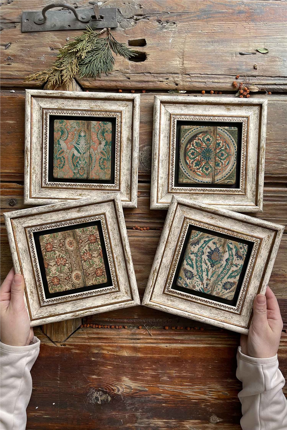 Oscar Stone Decor Çerçeveli Taş Tablo Duvar Dekoru 20x20cm 4'lü Set Eskitme Desenler