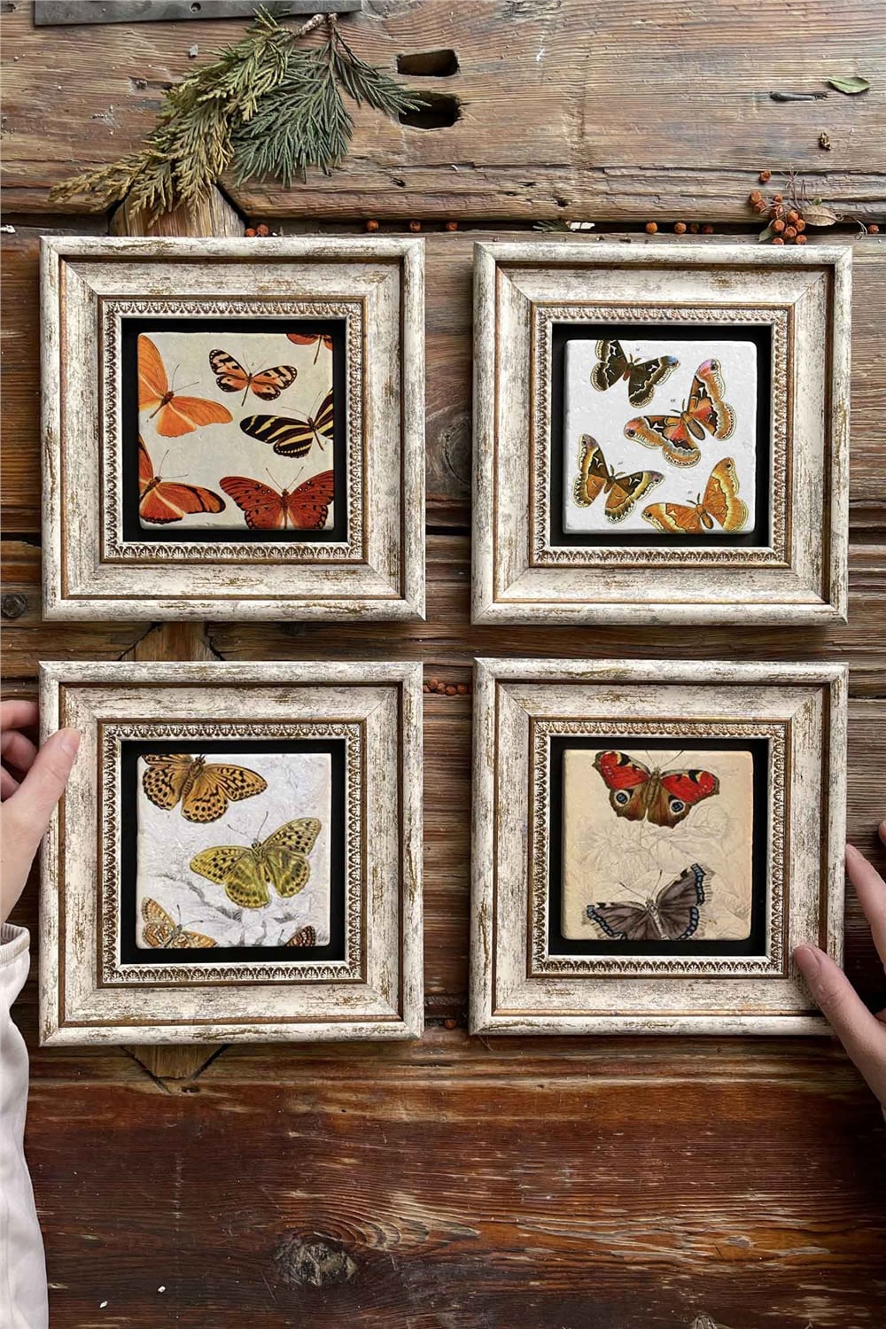 Oscar Stone Decor Çerçeveli Taş Tablo Duvar Dekoru 20x20cm 4'lü Set Kelebek Butterfly Set