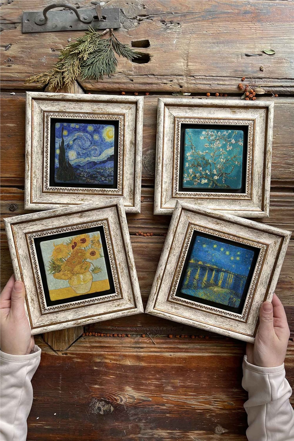 Oscar Stone Decor Çerçeveli Taş Tablo Duvar Dekoru 20x20cm 4'lü Set Van Gogh Tabloları