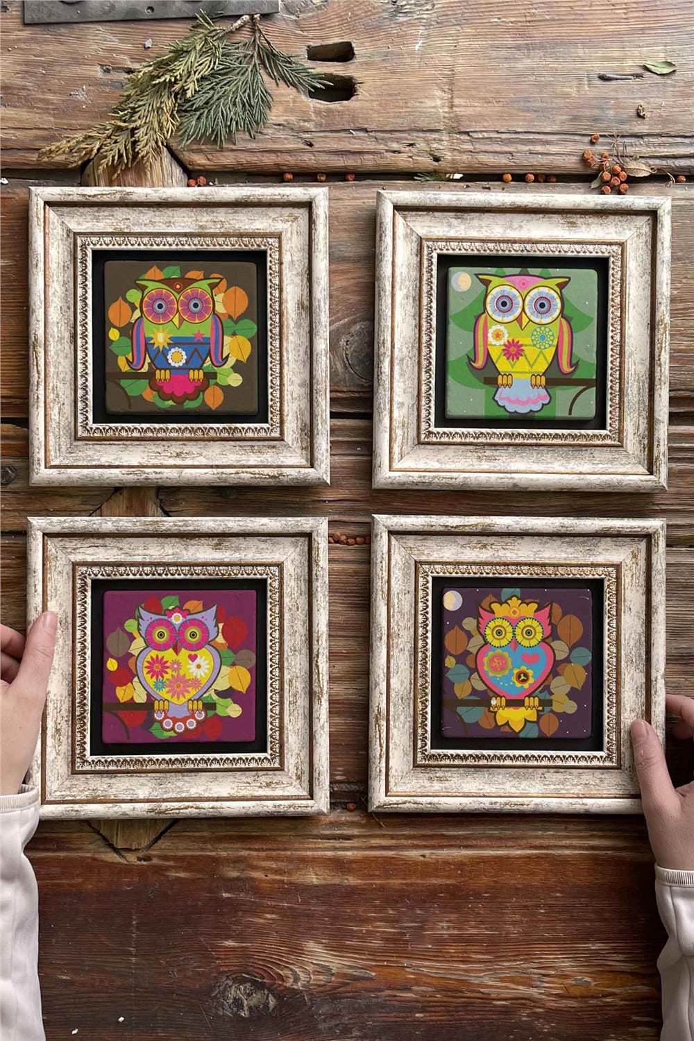 Oscar Stone Decor Çerçeveli Taş Tablo Duvar Dekoru 20x20cm 4'lü Set Baykuş Seti