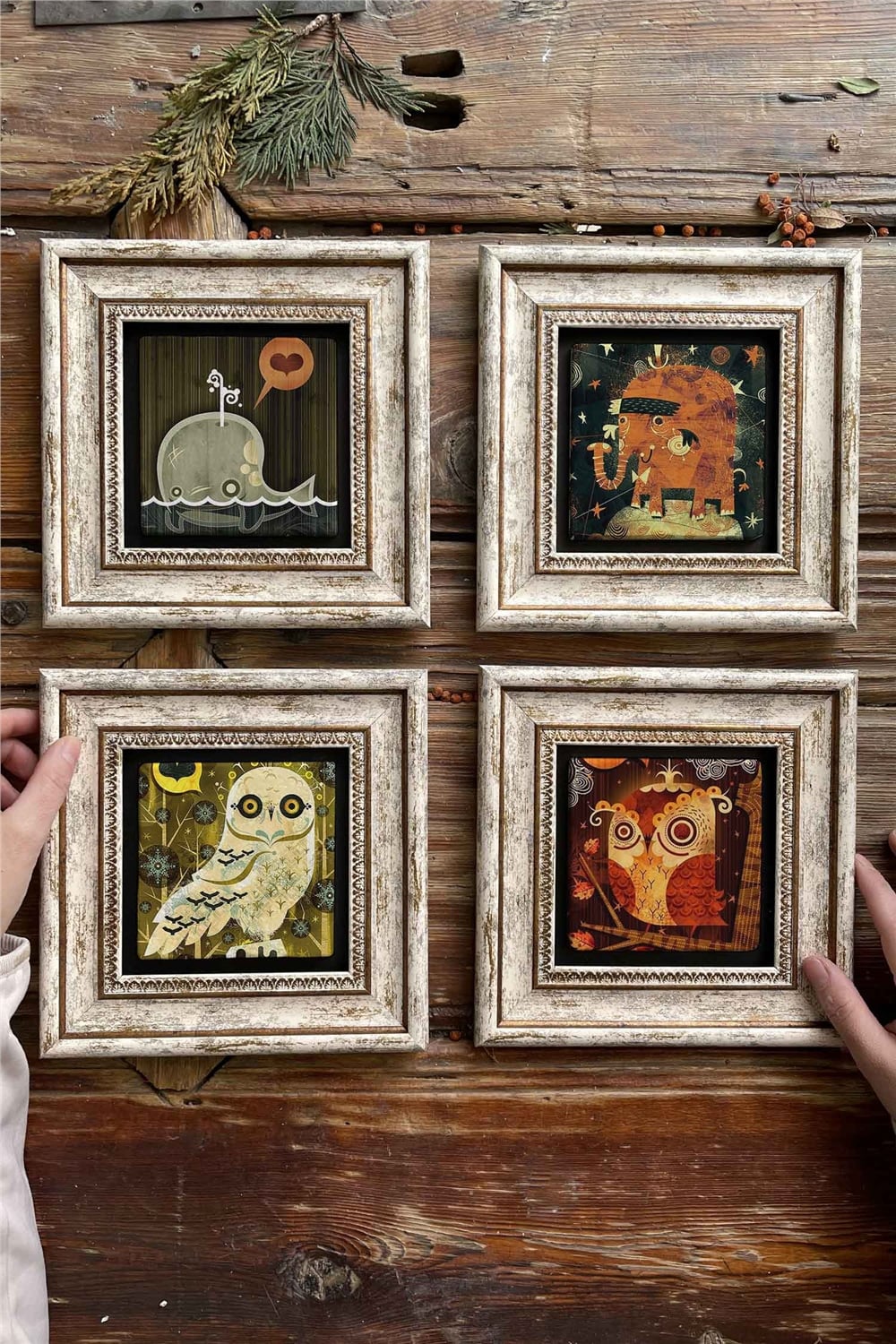 Oscar Stone Decor Çerçeveli Taş Tablo Duvar Dekoru 20x20cm 4'lü Set Baykuşlar Fil ve Balina