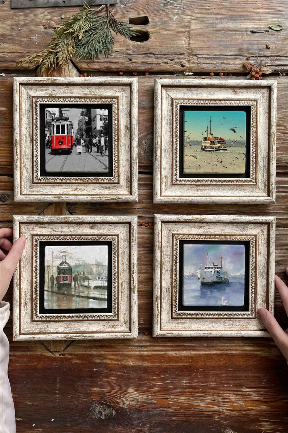Oscar Stone Decor Çerçeveli Taş Tablo Duvar Dekoru 20x20cm 4'lü Set İstanbul Taksim Manzara Seti
