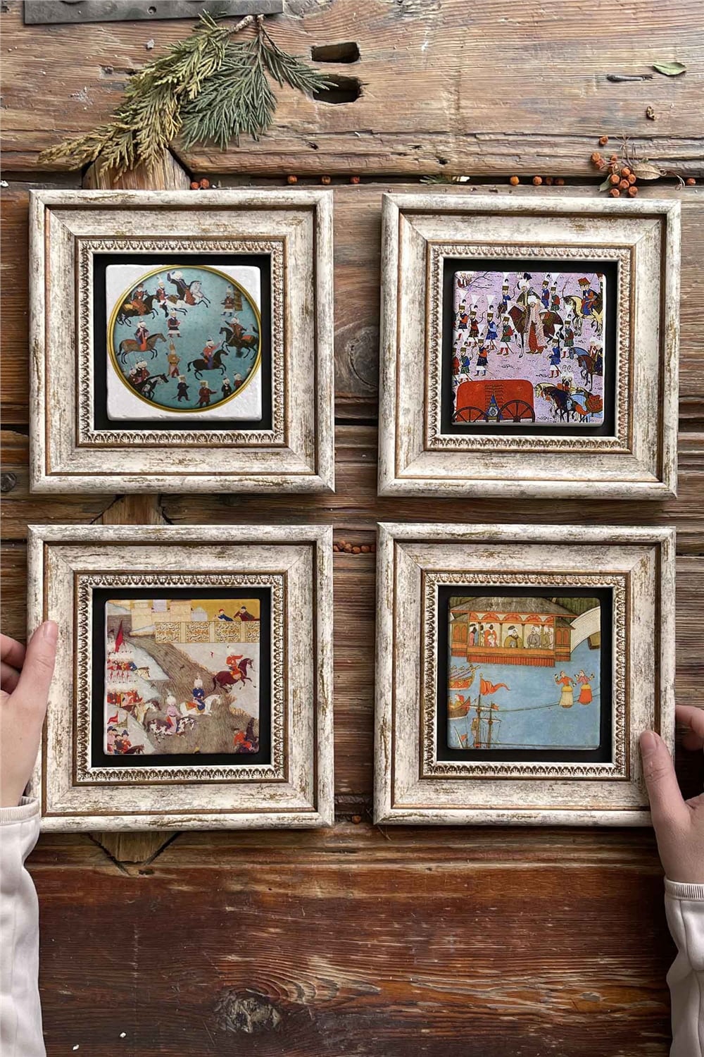 Oscar Stone Decor Çerçeveli Taş Tablo Duvar Dekoru 20x20cm 4'lü Set Minyatür Seti