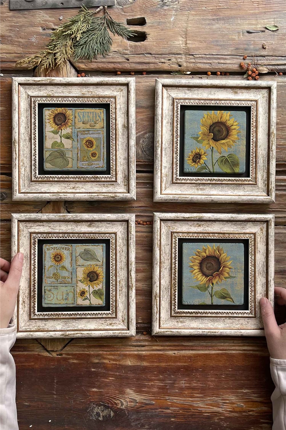 Oscar Stone Decor Çerçeveli Taş Tablo Duvar Dekoru 20x20cm 4'lü Set Ay Çiçeği Seti