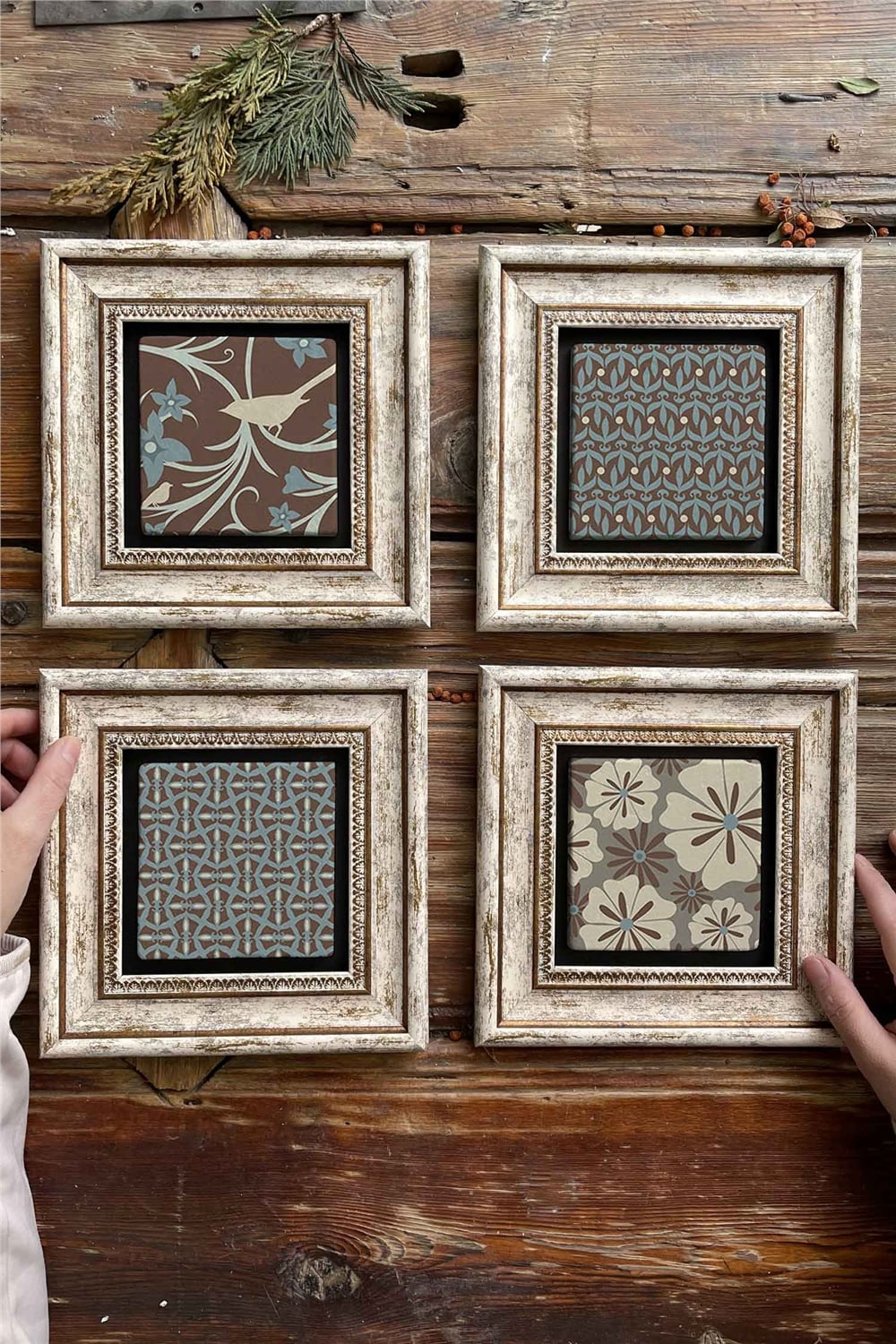 Oscar Stone Decor Çerçeveli Taş Tablo Duvar Dekoru 20x20cm 4'lü Set