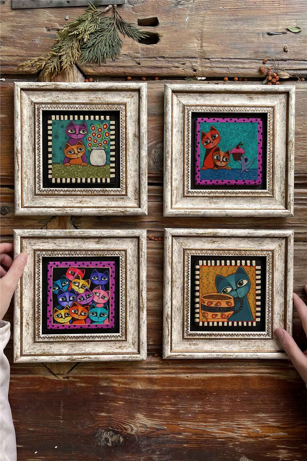 Oscar Stone Decor Çerçeveli Taş Tablo Duvar Dekoru 20x20cm 4'lü Set Kedi Seti